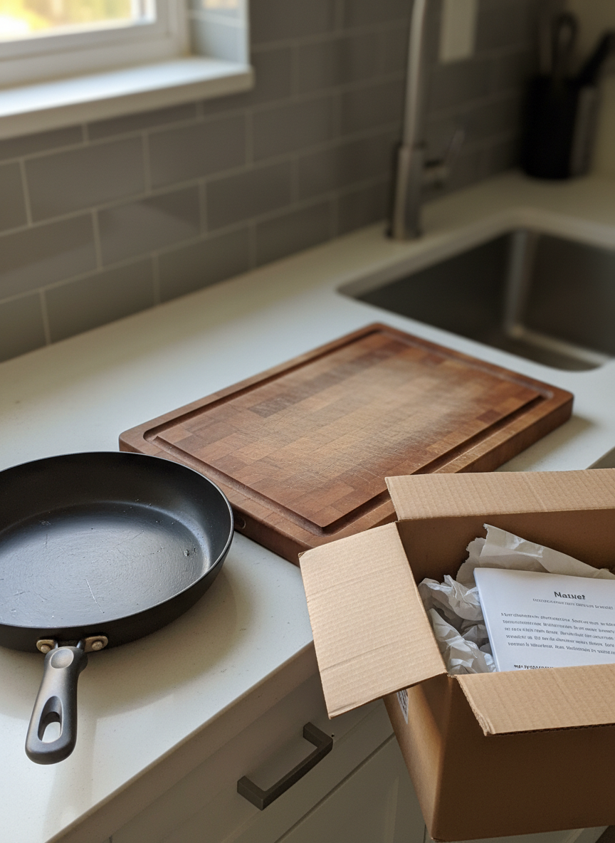 A minimalist kitchen countertop scene featuring a slightly scratched nonstick skillet, a sturdy wooden cutting board with faint knife marks, and an open cardboard delivery box pushed to the side, showing torn packing paper and a partially visible product manual. The counter is light quartz, with a stainless-steel sink and tiled backsplash fading into soft blur. Late afternoon natural light from an unseen window casts warm highlights on metal surfaces and subtle shadows under objects. Photographic realism, framed with rule of thirds from a slightly elevated angle, creating an authentic, quietly busy atmosphere that suggests real-world testing and lived experience with household products and services.