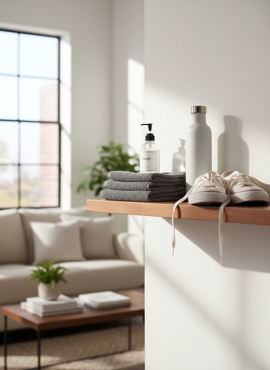 A neatly arranged wooden shelf in a bright, modern living room, filled with a curated mix of everyday products: a glass pump soap bottle with clear liquid, a folded stack of soft gray cotton towels, a matte stainless-steel water bottle, and a pair of well-worn canvas sneakers with subtle creases. The shelf stands against a white wall beside a large window, with soft morning sunlight casting gentle shadows and highlighting textures. Photographic realism with a clean, professional aesthetic, shot at eye level with shallow depth of field so the front items are crisp while the background blurs into a cozy, lived‑in home environment, creating a calm, trustworthy mood for honest product stories.