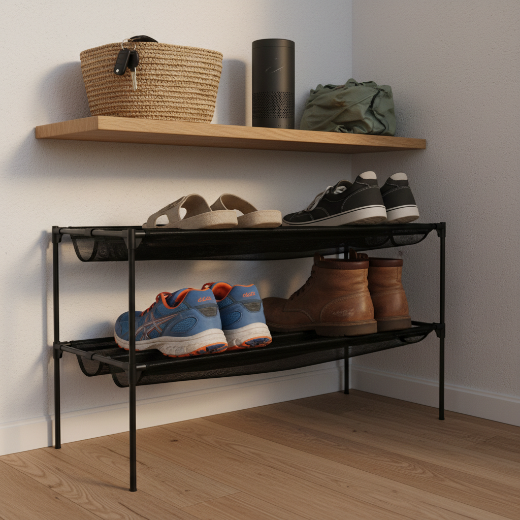 A compact entryway setup focused on product practicality: a slim metal shoe rack holding various well-used footwear, including running shoes with worn soles, leather boots with natural creasing, and simple slip-on sandals. Above, a small wall-mounted shelf supports a woven basket with visible car keys, a slightly scuffed smart speaker, and a folded reusable shopping bag with faint wrinkles. The floor is light oak, showing subtle scuff marks from daily traffic. Early evening indoor lighting from a warm ceiling fixture creates gentle, inviting shadows. Photographic realism, shot from a low, three-quarter angle to emphasize textures and usage, evoking a relatable, everyday lifestyle scene for product experience reflections.